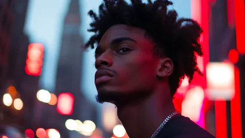 Young man in neon city street at dusk, intense side gaze.
