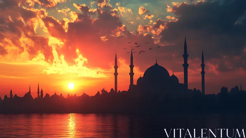 Silhouetted mosque skyline cuts vivid sunset above calm water