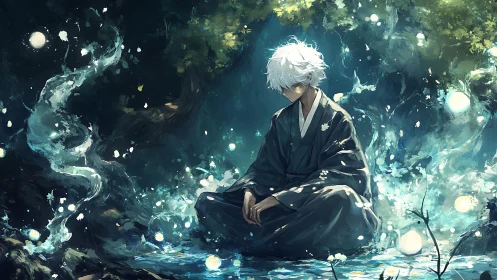 White-haired monk sits in glowing forest pool at night