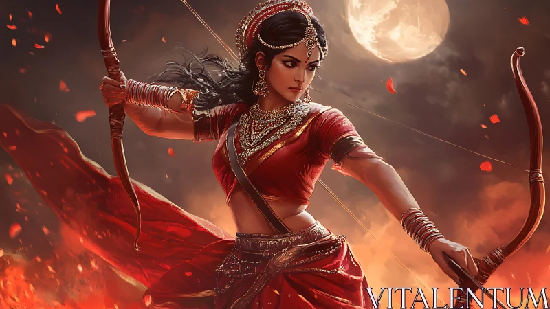 Female archer in red attire under full moon with flames.