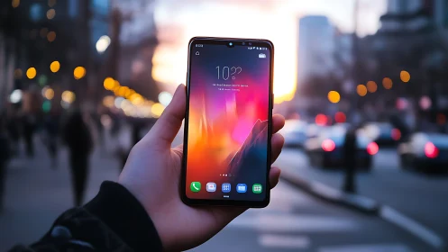 Handheld smartphone glowing warmly in a busy city street.