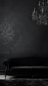 Dark interior with black sofa, chandelier, and wallpaper.
