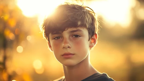 Young male subject in golden backlit setting with warm atmospheric haze