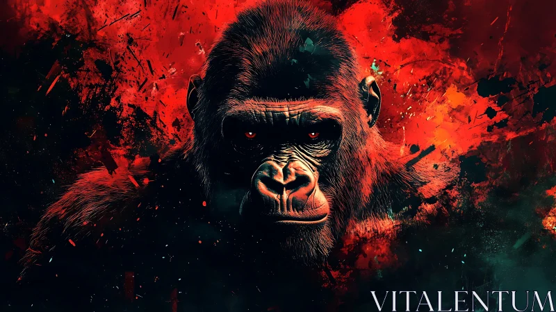 Primal gorilla portrait amid explosive scarlet splashes.