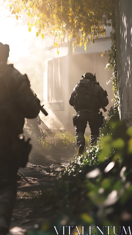 Armed soldiers advance through foliage beside urban wall