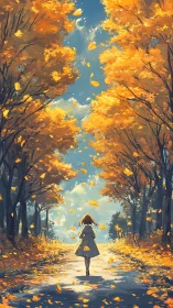 Girl walks beneath golden autumn trees in swirling leaves.