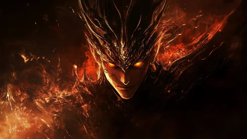 Infernal fire demon portrait with blazing ember eyes.