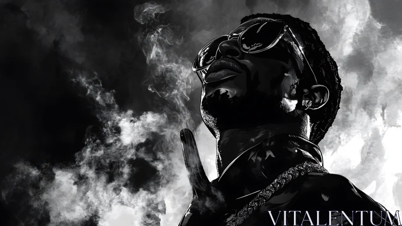 Monochrome portrait elevates glossy urban figure in smoke