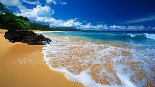 Tropical shoreline with golden sand and vivid turquoise surf.