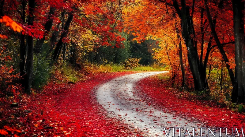Curving forest lane wrapped in a glowing red autumn embrace.