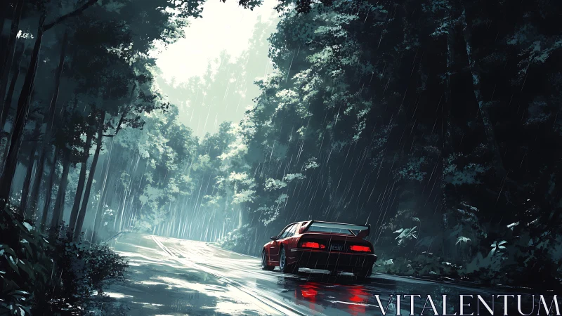 Red sports car on wet forest road in heavy rainfall.