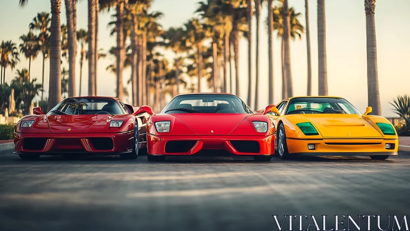 Three low-slung sports cars stand aligned on palm-lined road