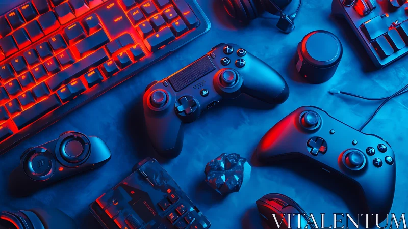 Gaming controllers and peripherals under red blue lighting.