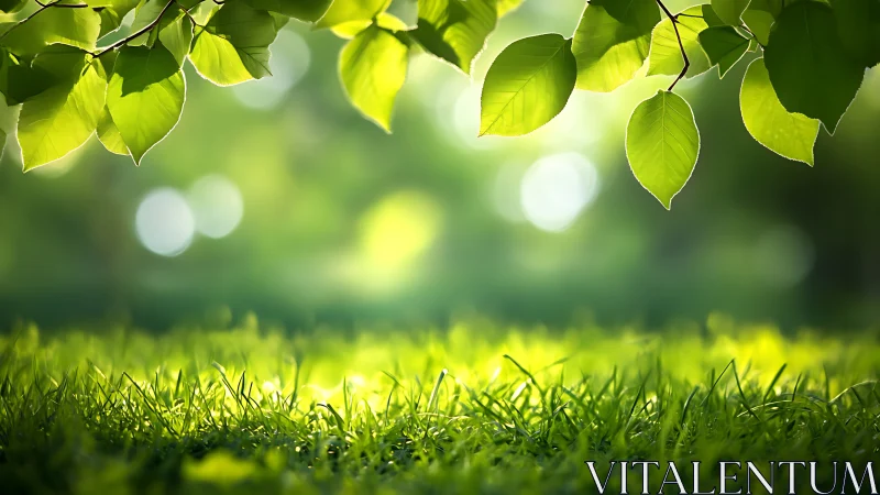 Sunlit green leaves above fresh grass in a tranquil natural setting.