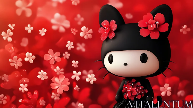 Black cat-like cartoon character amid red flowers.