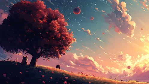 Stargazing foxes beneath a rosy dreamlit sunset sky.