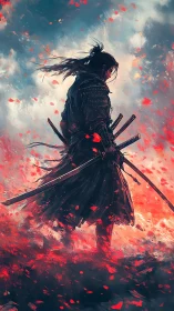Solitary armored samurai in red petal storm, dynamic backlight