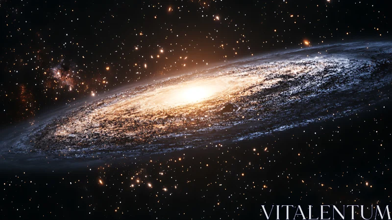 Spiral galaxy in profile with radiant golden core glow.