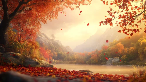 Golden autumn valley with lake under glowing sunset light.