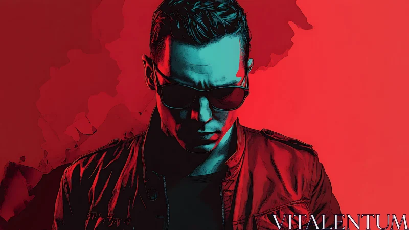 Stylized male portrait with sunglasses in red lighting.