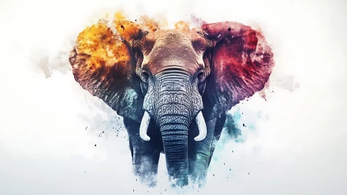 Vibrant watercolor elephant portrait with abstract splashes.