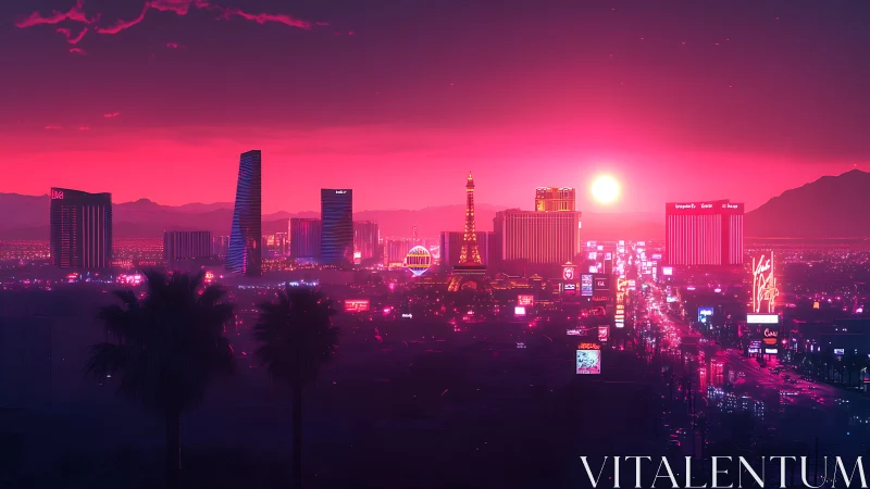 Neon sunset over futuristic casino strip and desert skyline