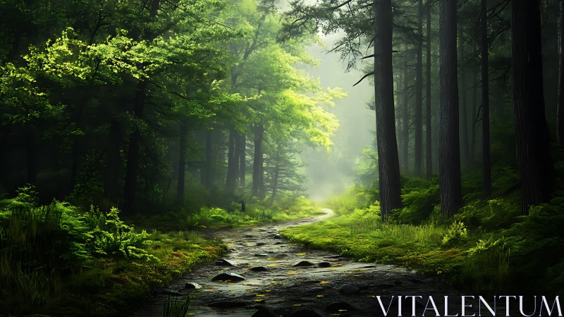 Luminescent Forest Corridor: Atmospheric Path Through Ancient Woodland.