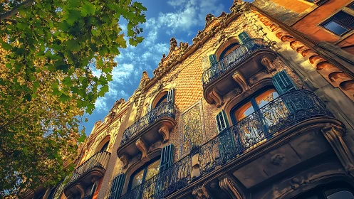 Colorful ornate building facade with wrought iron balconies.
