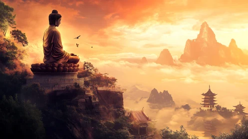 Mountain Buddha above misty temples at blazing sunrise.