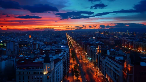 City lights stretching beneath a glowing blue and red sky.