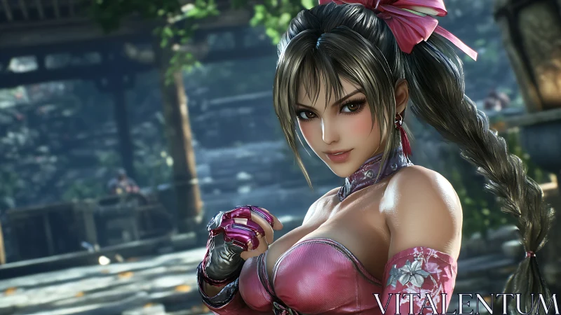 Confident female fighter in pink outfit in garden setting.