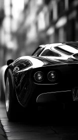Sleek sports car tail in monochrome urban street scene.