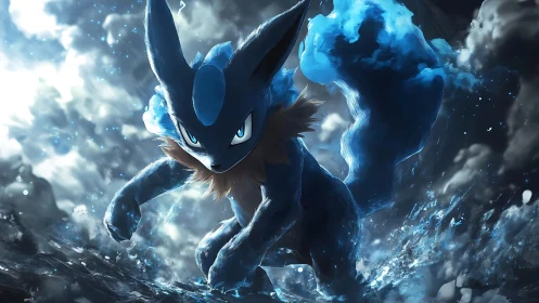 Dynamic digital painting of blue elemental creature in motion.