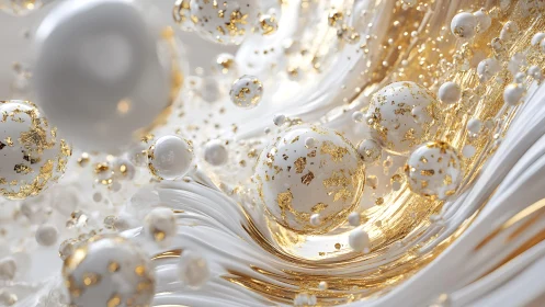 Luxurious Abstract Spheres with Gold Leaf in Flowing White Pattern.