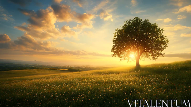 Solitary tree on grassy hillside with low sun and clouds.