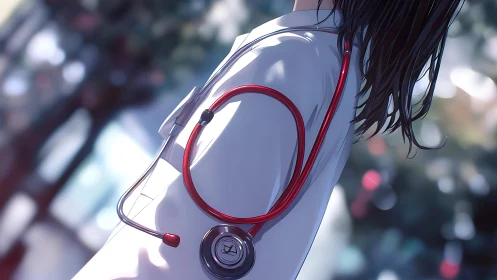 Clinical stethoscope drape on anime clinician’s white coat.