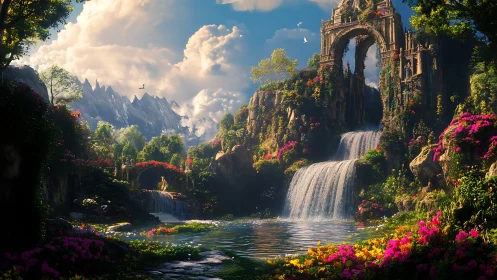 Lush fantasy waterfall valley framed by ornate ruined archway