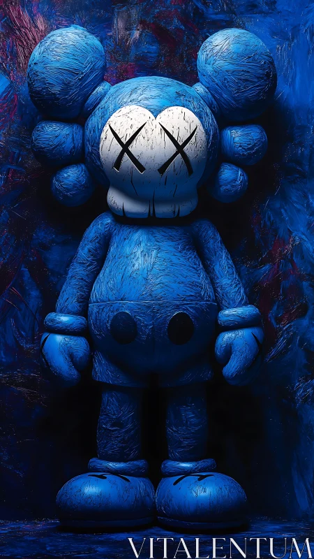 Blue vinyl figure stands in moody textured neon shadows.