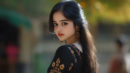 Soft autumn light on a thoughtful girl in embroidered black.