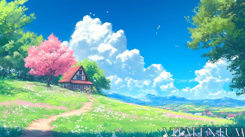 Spring hillside cottage under cumulus sky in anime style