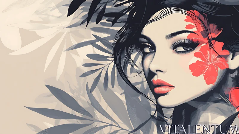 Floral portrait merges monochrome lines with coral accents.