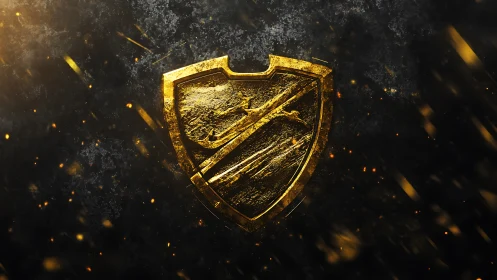 Golden shield emblem glows amid dark ember storm.