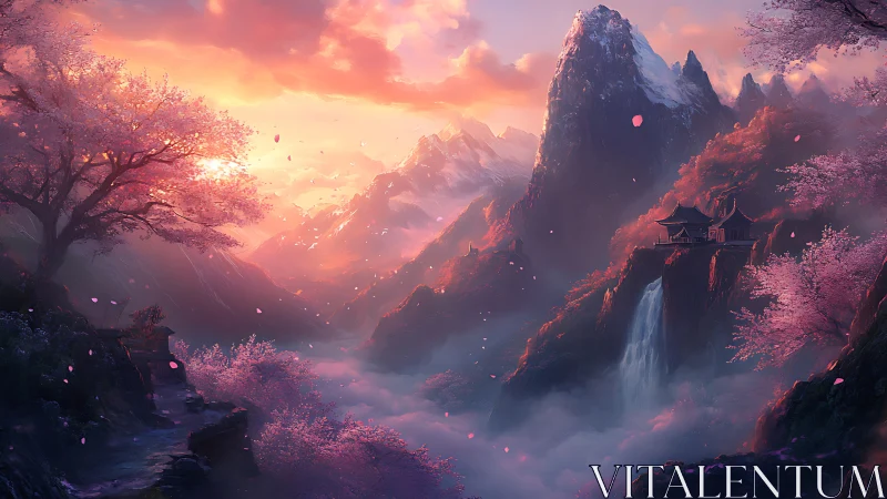 Sunset-lit cherry blossom valley frames temple above mist waterfall