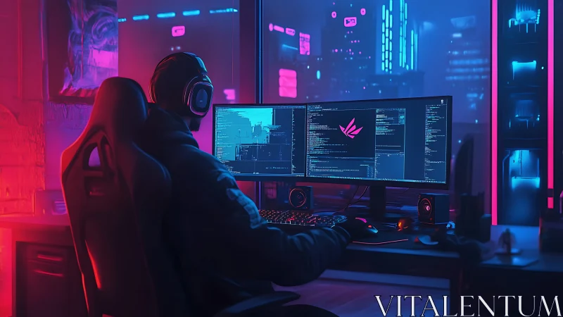 Night coder operates dual-monitor workstation in neon-lit studio