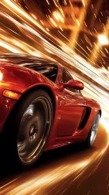 Red sports car slices through luminous city streets at speed.