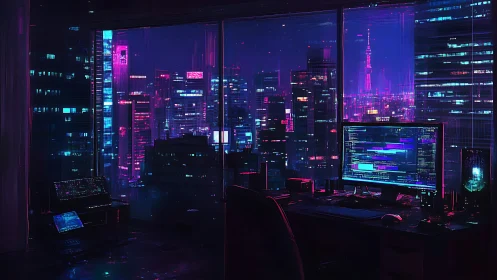 Cyberpunk developer cockpit overlooking neon metropolis at night.