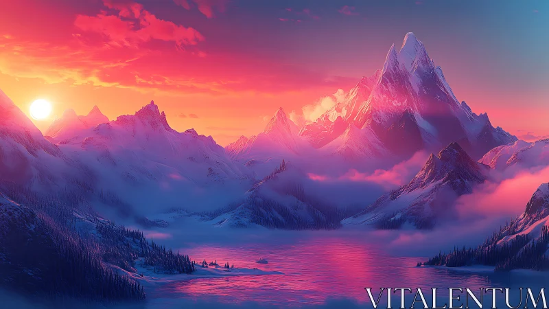 Sunlit alpine peaks above misted lake in vivid sunset.