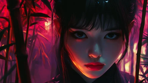 Neon-lit female portrait contrasts cyan shadows and crimson glow