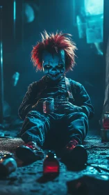Moody alley clown doll resting in neon blue shadows.