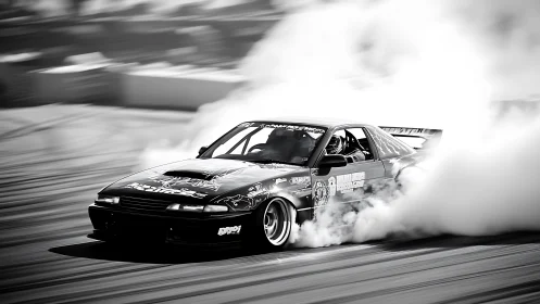 Drift car sliding through smoke on a racetrack in motion.